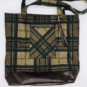 Basic Lizbet Library Market Tote Bag, Plaid Brown Cotton Faux Leather Accents